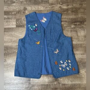 Vintage 90’s Blue Denim Vest embroidered butterflies women’s size large EUC
